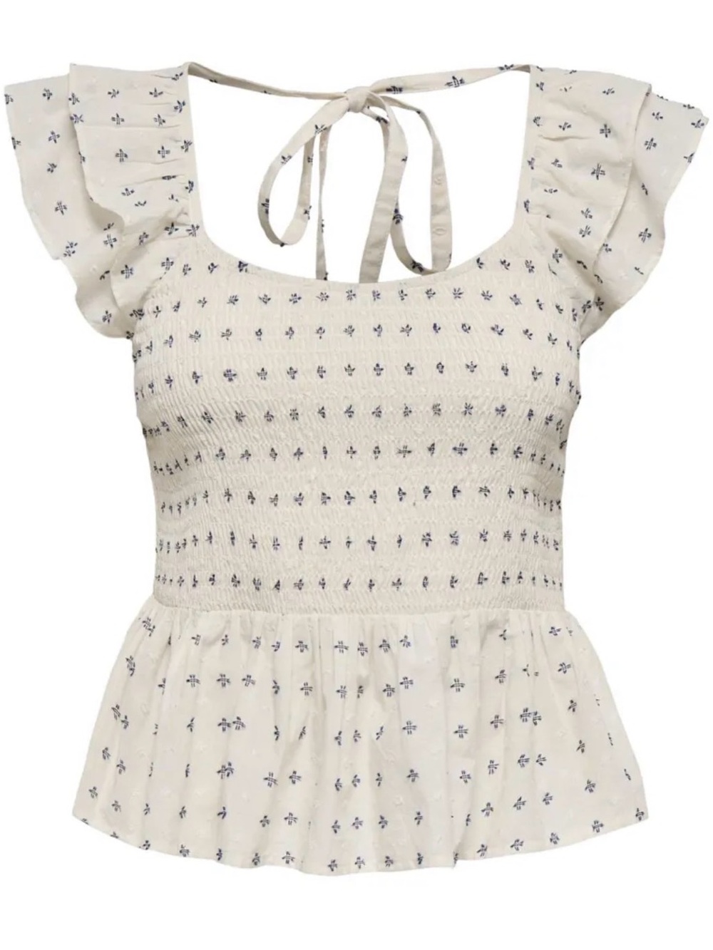 Pigalle Smocked Ruffle Tie-Back Peplum Top - Cream with Blue Accent Size small